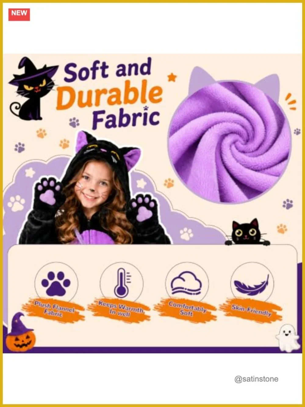 Kids Black Cat Costume with Purse Halloween Dress Up Role Play Flannel